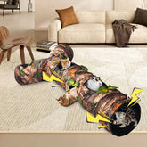 FelRelWel cat tunnels in camouflage design with multiple cats playing inside on living room carpet